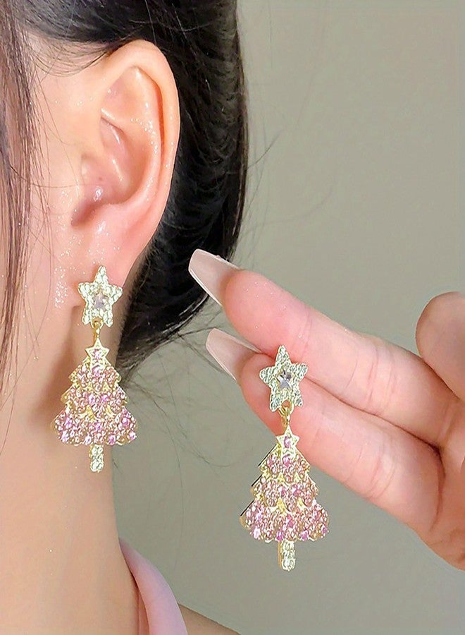 GLMOCM Christmas Tree Earrings for Women Rhinestone christmas Tree Dangle Earrings Christmas Jewelry Gifts for Women (Pink) - Image 2